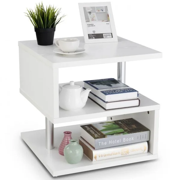 Table Basse d'Appoint à 3 Niveaux Table de Chevet Moderne Etagère en S en Bois Porte-revues, 50x50x50cm, Blanc