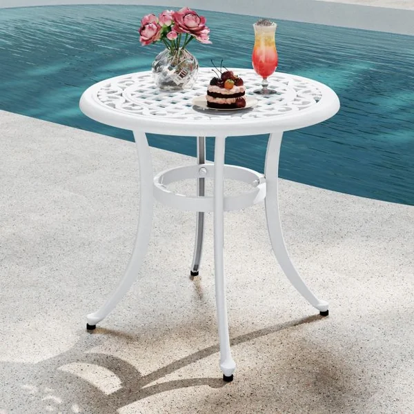 Table Basse de Jardin en Fonte d'Aluminium Repose-pieds Réglables Charge 50KG Table d‘Extérieure Ronde Patio Piscine Café/Blanc
