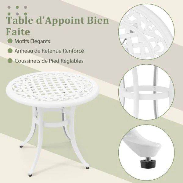 Table Basse de Jardin en Fonte d'Aluminium Repose-pieds Réglables Charge 50KG Table d‘Extérieure Ronde Patio Piscine Café/Blanc