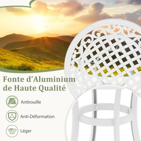 Table Basse de Jardin en Fonte d'Aluminium Repose-pieds Réglables Charge 50KG Table d‘Extérieure Ronde Patio Piscine Café/Blanc