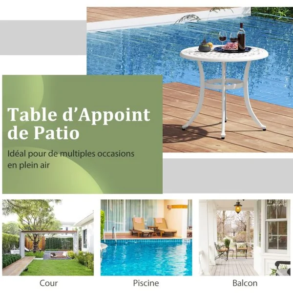 Table Basse de Jardin en Fonte d'Aluminium Repose-pieds Réglables Charge 50KG Table d‘Extérieure Ronde Patio Piscine Café/Blanc
