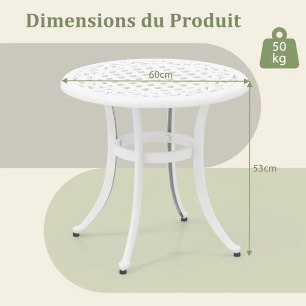 Table Basse de Jardin en Fonte d'Aluminium Repose-pieds Réglables Charge 50KG Table d‘Extérieure Ronde Patio Piscine Café/Blanc