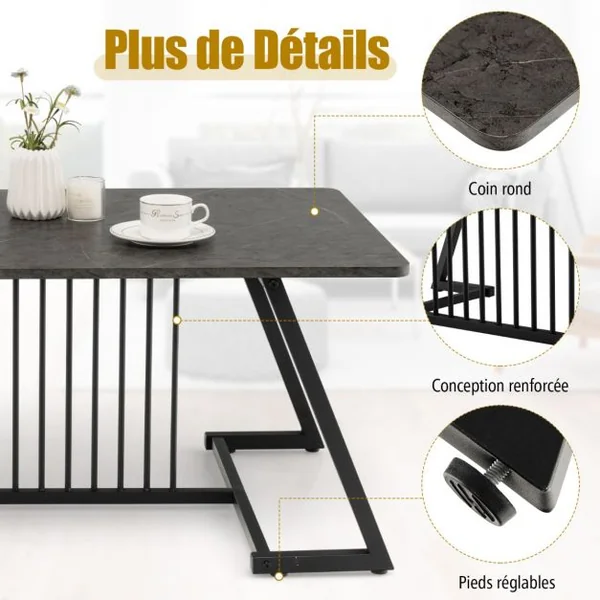 Table Basse Effet Marbré120 x 60 x 45,5 cm (L x l x H) Style Contemporaine Cadre en Acier Noir