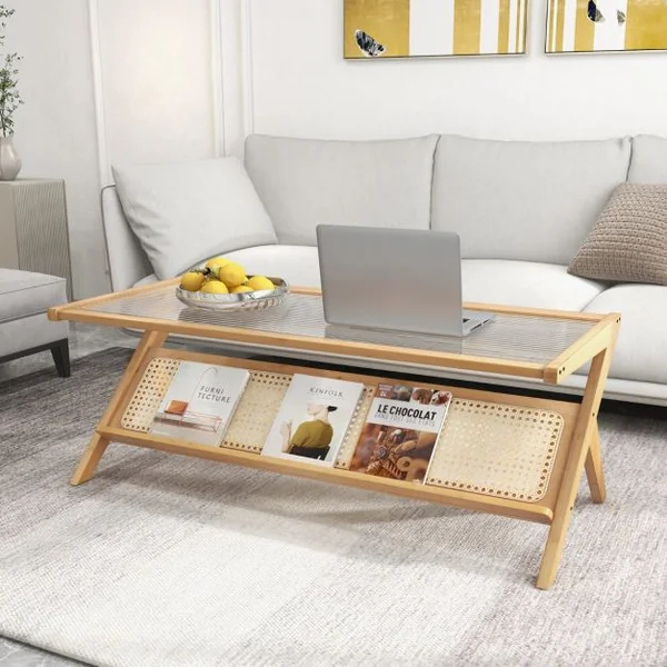 Table Basse en Bambou avec Plateau en Verre Trempé Naturel