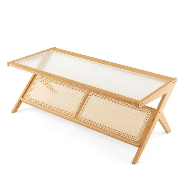 Table Basse en Bambou avec Plateau en Verre Trempé Naturel