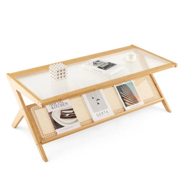 Table Basse en Bambou avec Plateau en Verre Trempé Naturel