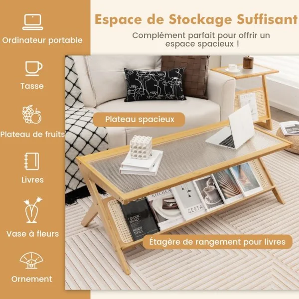 Table Basse en Bambou avec Plateau en Verre Trempé Naturel