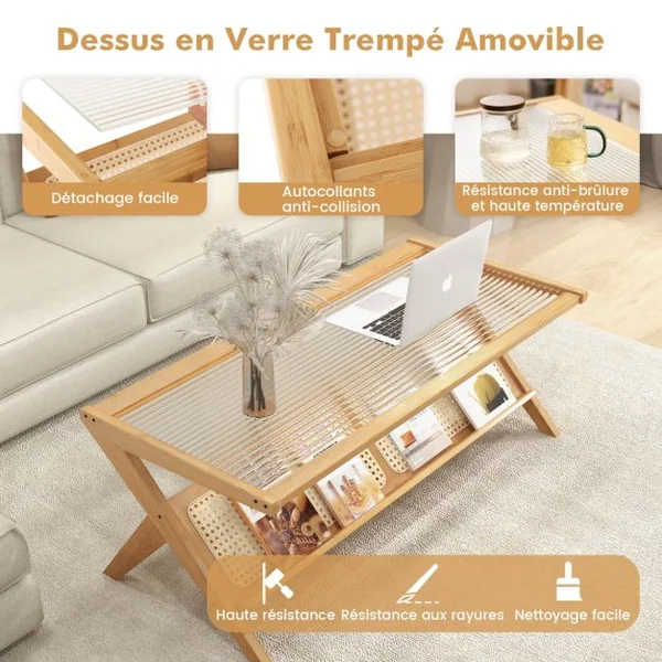 Table Basse en Bambou avec Plateau en Verre Trempé Naturel
