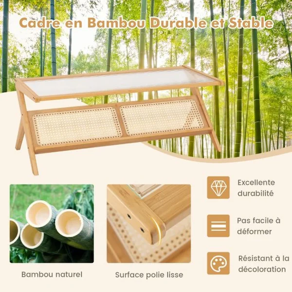 Table Basse en Bambou avec Plateau en Verre Trempé Naturel