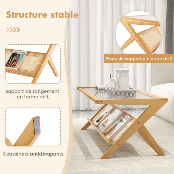 Table Basse en Bambou avec Plateau en Verre Trempé Naturel