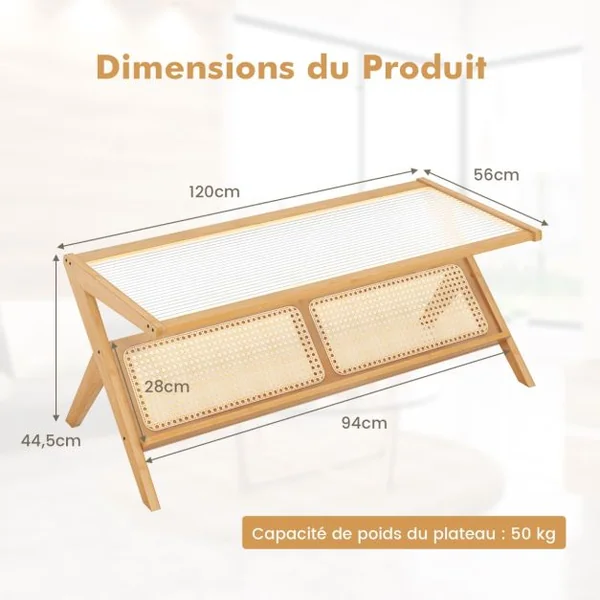 Table Basse en Bambou avec Plateau en Verre Trempé Naturel