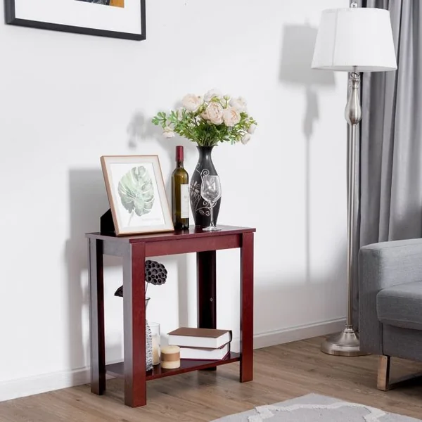 Table Basse en Bois avec Etagère Table d’Appoint Table de Chevet Style Rétro en MDF, 59,6x29,5x61cm, Bordeaux