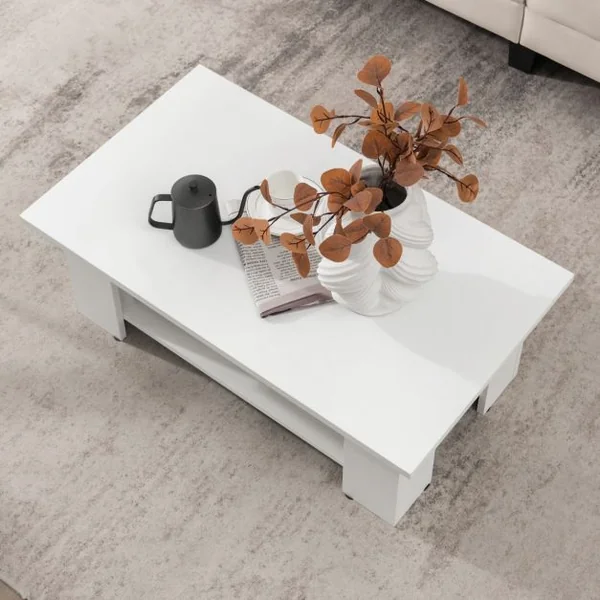 Table Basse en Bois à 2 Niveaux avec Etagère Ouverte Style Moderne pour Salon Chambre 90 x 52 x 32 cm Blanc