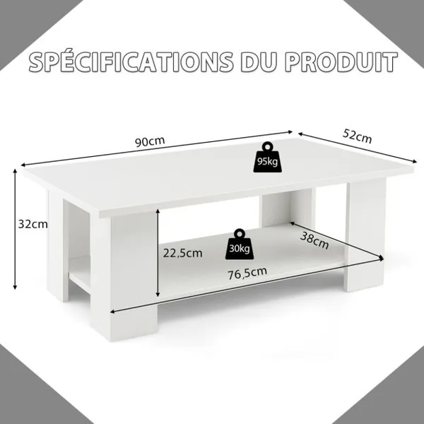 Table Basse en Bois à 2 Niveaux avec Etagère Ouverte Style Moderne pour Salon Chambre 90 x 52 x 32 cm Blanc