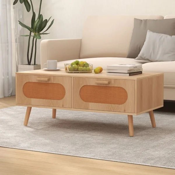 Table Basse en Rotin Moderne avec 2 Tiroirs de Rangement et Compartiment Arrière Table d'Appoint Rectangulaire Naturel