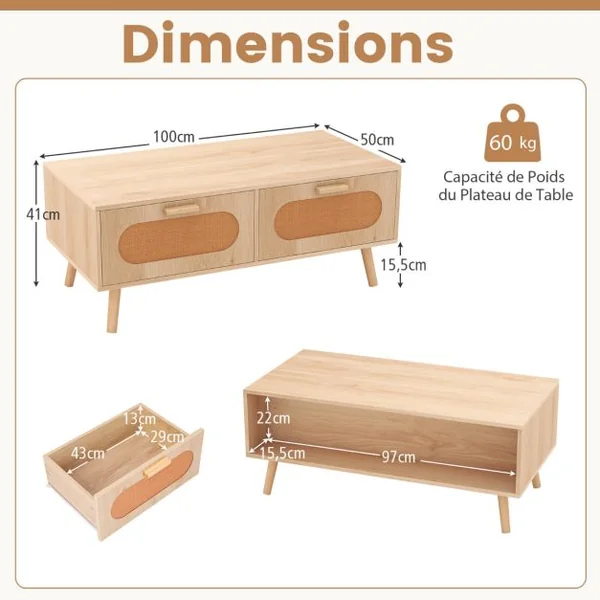 Table Basse en Rotin Moderne avec 2 Tiroirs de Rangement et Compartiment Arrière Table d'Appoint Rectangulaire Naturel