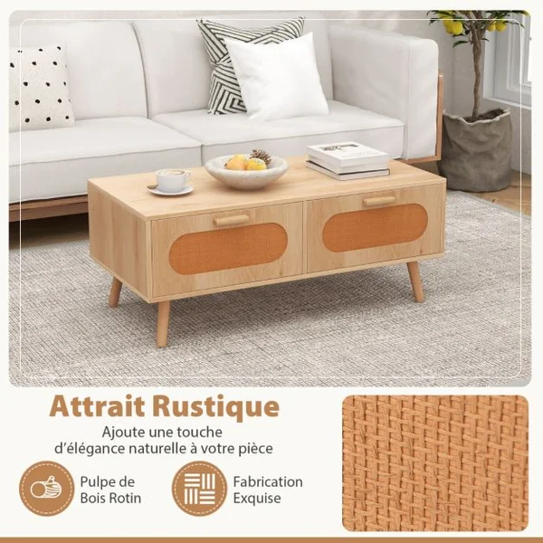 Table Basse en Rotin Moderne avec 2 Tiroirs de Rangement et Compartiment Arrière Table d'Appoint Rectangulaire Naturel