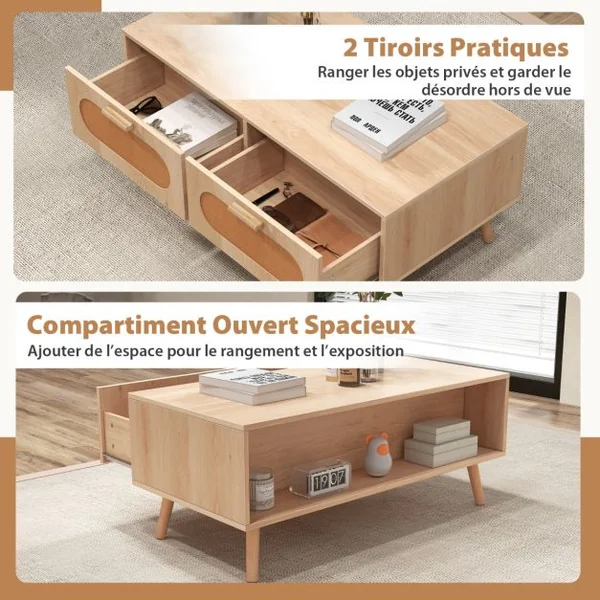 Table Basse en Rotin Moderne avec 2 Tiroirs de Rangement et Compartiment Arrière Table d'Appoint Rectangulaire Naturel