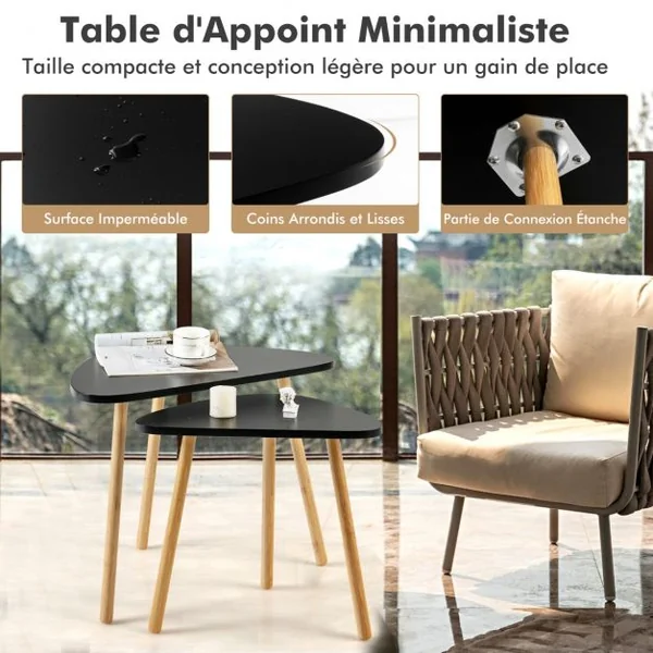 Table Basse Gigogne Lot de 2- Style Scandinave en MDF et Bambou Ecologiste Noir
