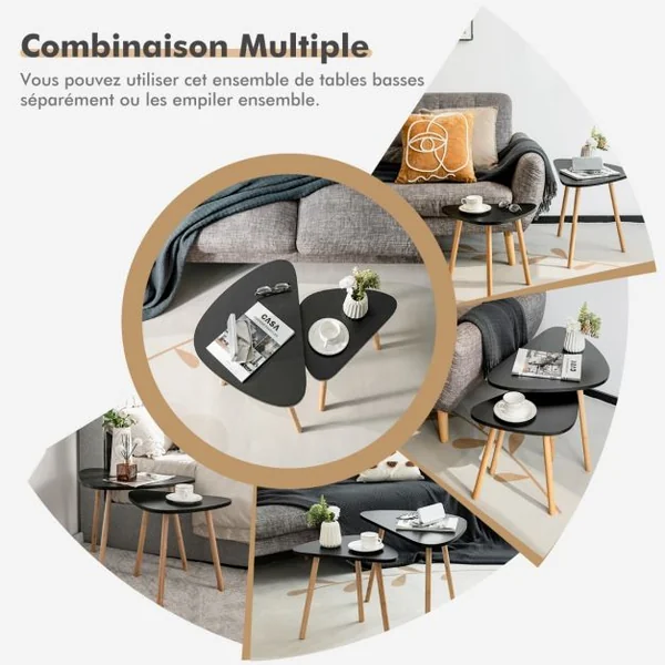 Table Basse Gigogne Lot de 2- Style Scandinave en MDF et Bambou Ecologiste Noir