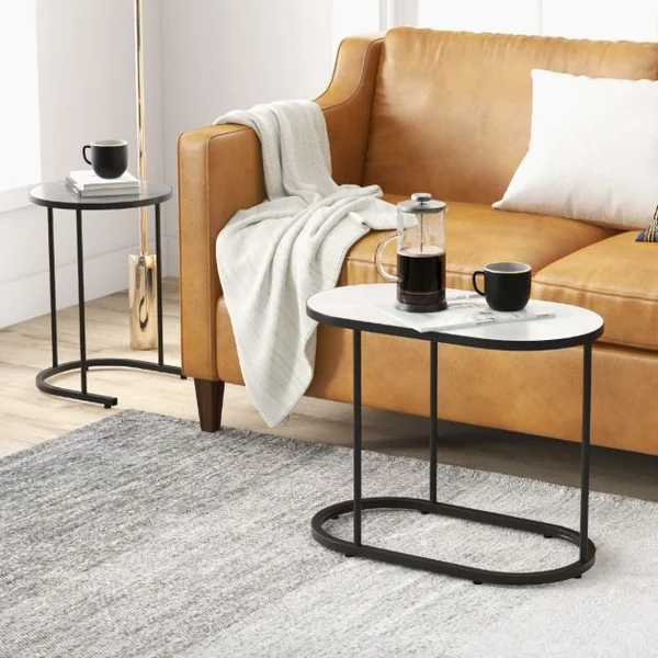 Table Basse Gigogne Lot de 2 Table Gigogne Ronde avec Cadre en Métal Grande: 58 x 31 x 46 cm & Petite: 38 x 38 x 54 cm Bout de Canapé Noir+Blanc
