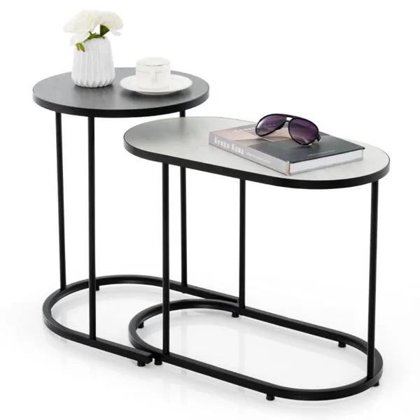 Table Basse Gigogne Lot de 2 Table Gigogne Ronde avec Cadre en Métal Grande: 58 x 31 x 46 cm & Petite: 38 x 38 x 54 cm Bout de Canapé Noir+Blanc