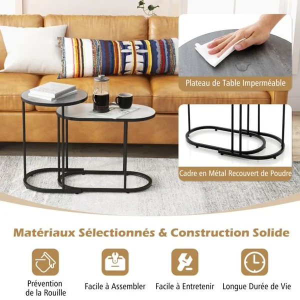 Table Basse Gigogne Lot de 2 Table Gigogne Ronde avec Cadre en Métal Grande: 58 x 31 x 46 cm & Petite: 38 x 38 x 54 cm Bout de Canapé Noir+Blanc