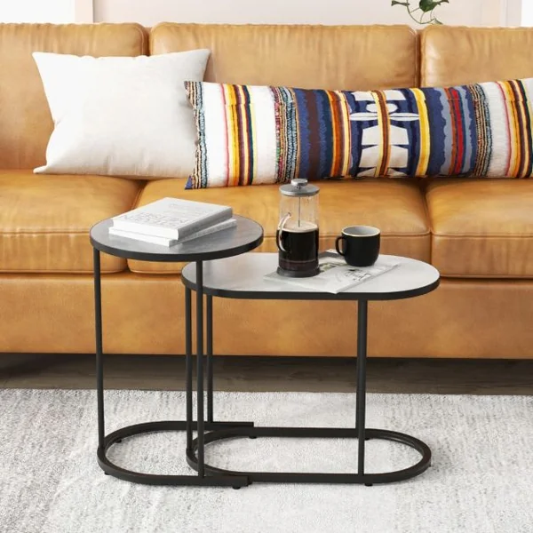Table Basse Gigogne Lot de 2 Table Gigogne Ronde avec Cadre en Métal Grande: 58 x 31 x 46 cm & Petite: 38 x 38 x 54 cm Bout de Canapé Noir+Blanc