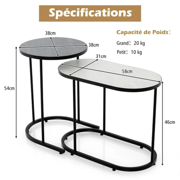 Table Basse Gigogne Lot de 2 Table Gigogne Ronde avec Cadre en Métal Grande: 58 x 31 x 46 cm & Petite: 38 x 38 x 54 cm Bout de Canapé Noir+Blanc
