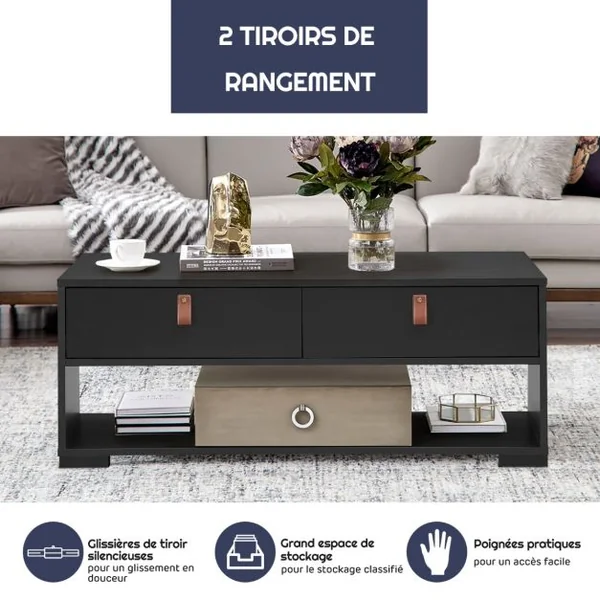 Table Basse Industrielle 100 x 44 x 41 cm (L x l x H) 2 Tiroirs et Étagère de Rangement Noir
