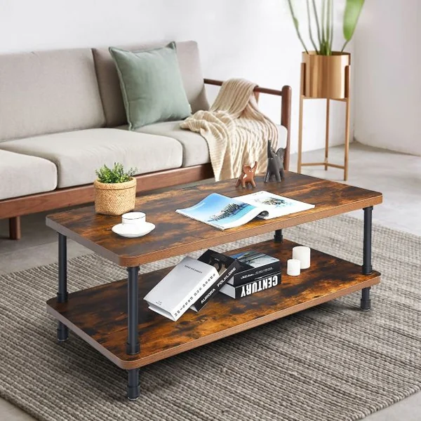 Table Basse Industrielle 110 x 60 x 45 CM avec 1 Tiroir et Etagère de Stockage Cadre en Métal
