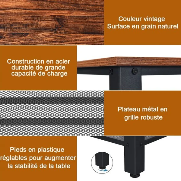 Table Basse Industrielle à 2 Niveaux 4 Pieds Ajustables pour Salon Bureau en Bois et Métal 106x60x45cm Noir