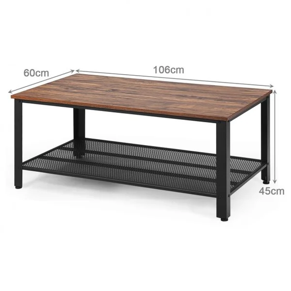 Table Basse Industrielle à 2 Niveaux 4 Pieds Ajustables pour Salon Bureau en Bois et Métal 106x60x45cm Noir