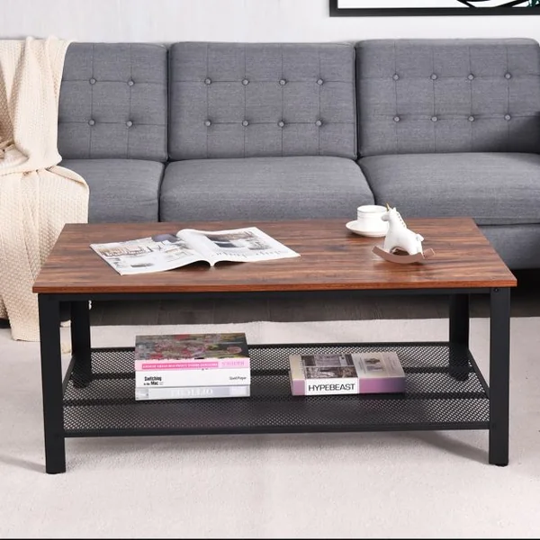 Table Basse Industrielle à 2 Niveaux 4 Pieds Ajustables pour Salon Bureau en Bois et Métal 106x60x45cm Noir