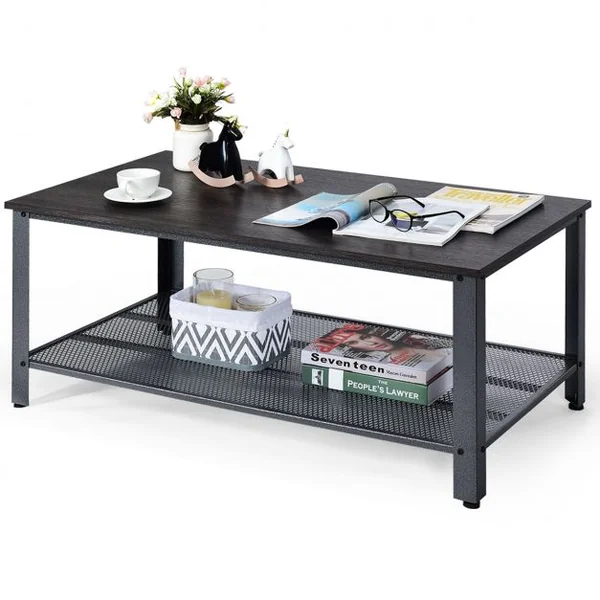 Table Basse Industrielle à 2 Niveaux 4 Pieds Ajustables pour Salon Bureau en Bois et Métal 106x60x45cm Noir