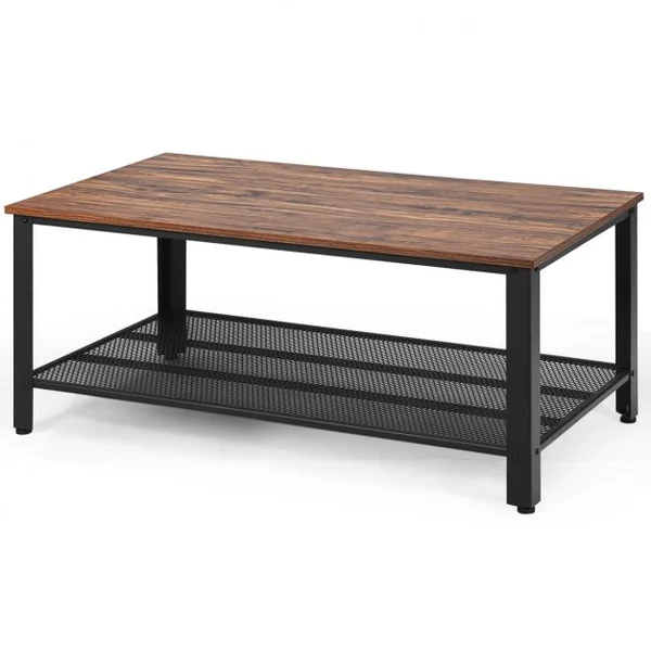 Table Basse Industrielle à 2 Niveaux 4 Pieds Ajustables pour Salon Bureau en Bois et Métal 106x60x45cm Noir