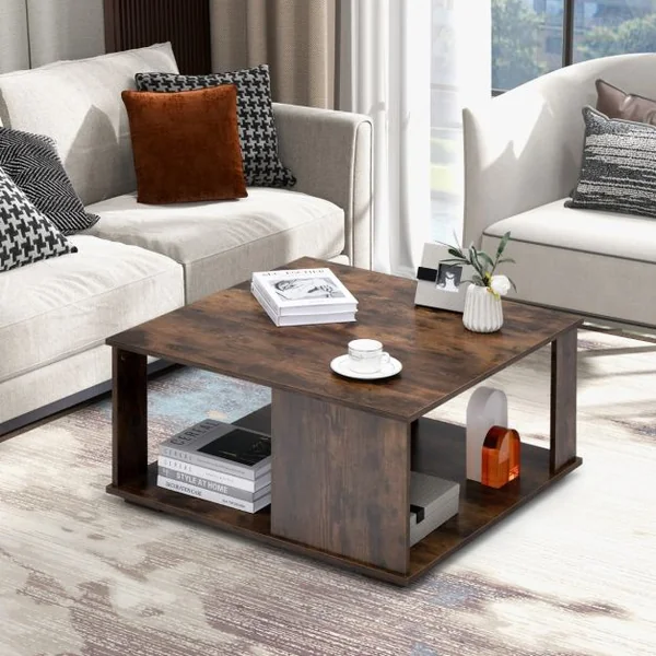 Table Basse Industrielle à 2 Niveaux 80x80x40CM Table de Salon avec Patins Antidérapants, Table d’Appoint pour Chambre et Bureau Café