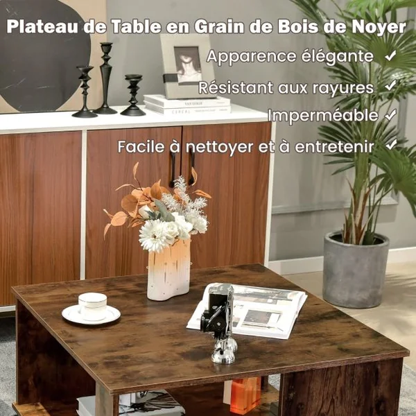 Table Basse Industrielle à 2 Niveaux 80x80x40CM Table de Salon avec Patins Antidérapants, Table d’Appoint pour Chambre et Bureau Café