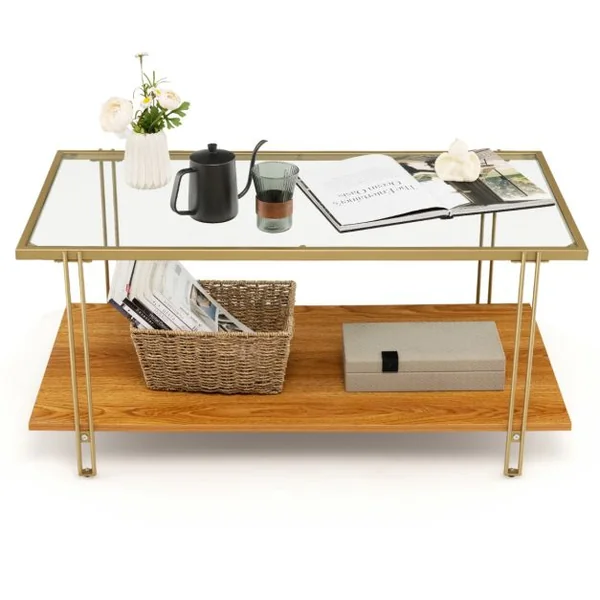 Table Basse Moderne en Verre Trempé avec Structure en Acier Doré 100x46x50cm Table de Salon à 2 Niveaux avec Pieds Réglables