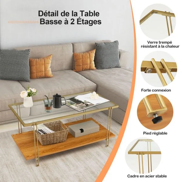 Table Basse Moderne en Verre Trempé avec Structure en Acier Doré 100x46x50cm Table de Salon à 2 Niveaux avec Pieds Réglables