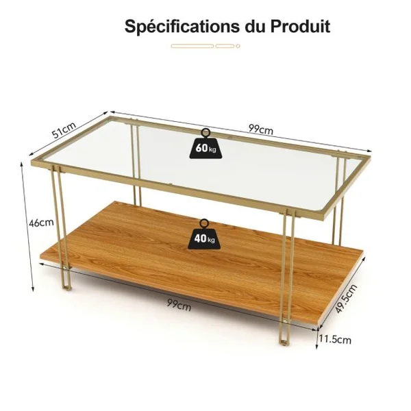 Table Basse Moderne en Verre Trempé avec Structure en Acier Doré 100x46x50cm Table de Salon à 2 Niveaux avec Pieds Réglables