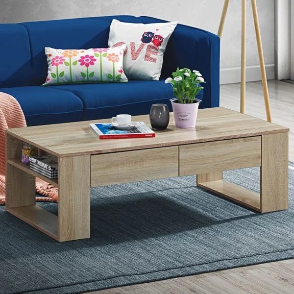 Table Basse Moderne Robuste avec 2 Tiroirs et 2 Tablettes Latérales Capacité 10 Kg en Mdf 120x60x40cm Couleur Chêne
