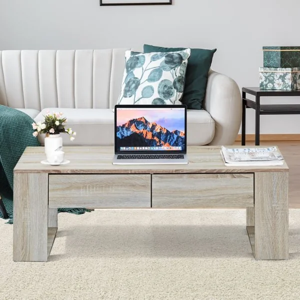 Table Basse Moderne Robuste avec 2 Tiroirs et 2 Tablettes Latérales Capacité 10 Kg en Mdf 120x60x40cm Couleur Chêne