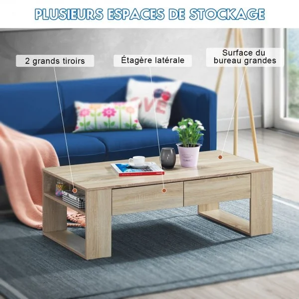 Table Basse Moderne Robuste avec 2 Tiroirs et 2 Tablettes Latérales Capacité 10 Kg en Mdf 120x60x40cm Couleur Chêne
