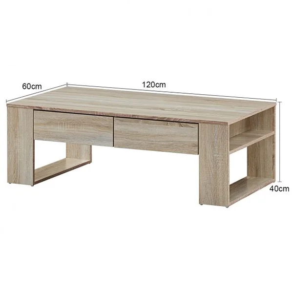 Table Basse Moderne Robuste avec 2 Tiroirs et 2 Tablettes Latérales Capacité 10 Kg en Mdf 120x60x40cm Couleur Chêne