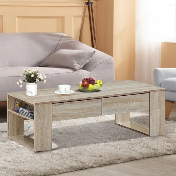 Table Basse Moderne Robuste avec 2 Tiroirs et 2 Tablettes Latérales Capacité 10 Kg en Mdf 120x60x40cm Couleur Chêne