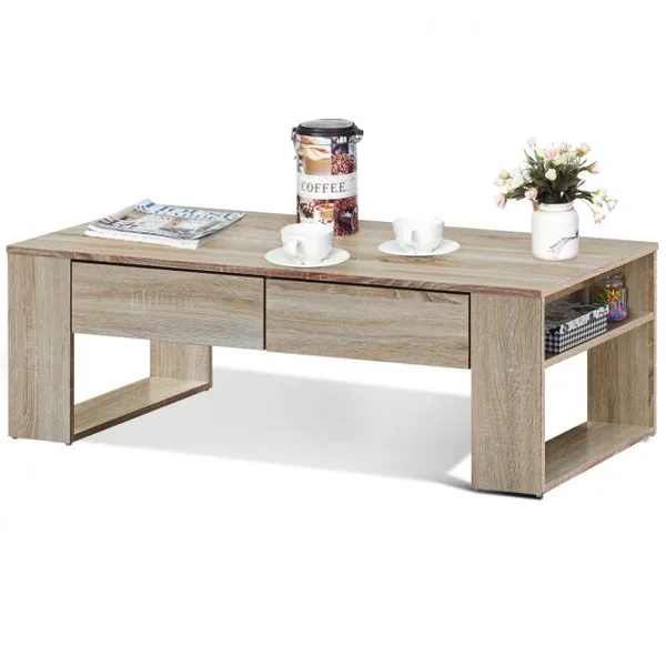Table Basse Moderne Robuste avec 2 Tiroirs et 2 Tablettes Latérales Capacité 10 Kg en Mdf 120x60x40cm Couleur Chêne