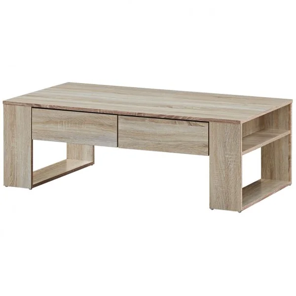 Table Basse Moderne Robuste avec 2 Tiroirs et 2 Tablettes Latérales Capacité 10 Kg en Mdf 120x60x40cm Couleur Chêne