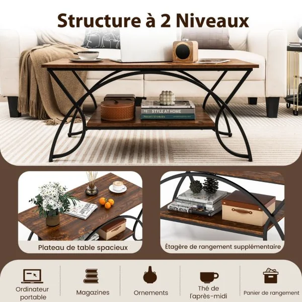 Table Basse Moderne Table d'Appoint Rectangulaire à 2 Niveaux avec Structure en Métal Table de Cocktail Chic pour Salon Café