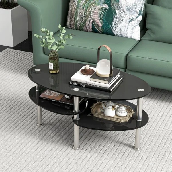 Table Basse Ovale en Verre Trempé Table de Salon Moderne avec 3 Etagères Cadre en Métal 90x50x45cm Noir
